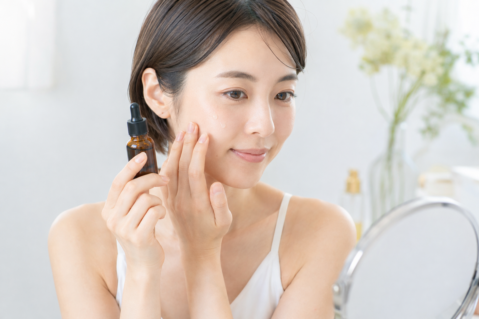 ビタミンC美容液を頬になじませる日本人女性