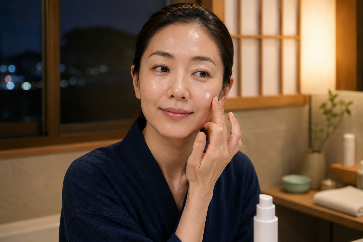 夜に少量のハイドロキノンクリームを頬へ塗る日本人女性