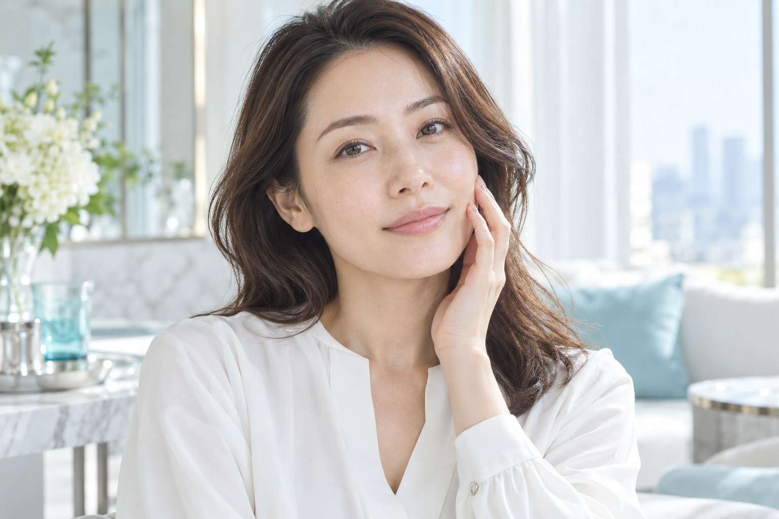 明るい室内で頬にそっと触れる女性のスキンケアイメージとスキンブライセラム RDS 0.3の商品ボトル