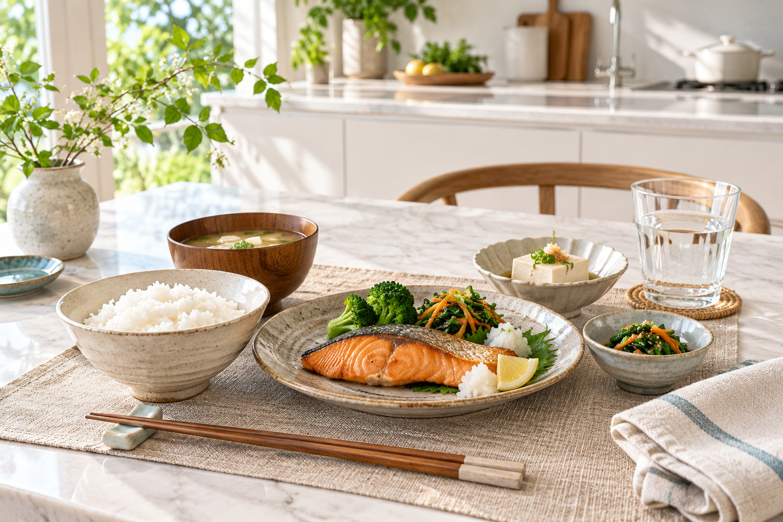 主食・魚・豆腐・野菜を組み合わせた朝食のイメージ