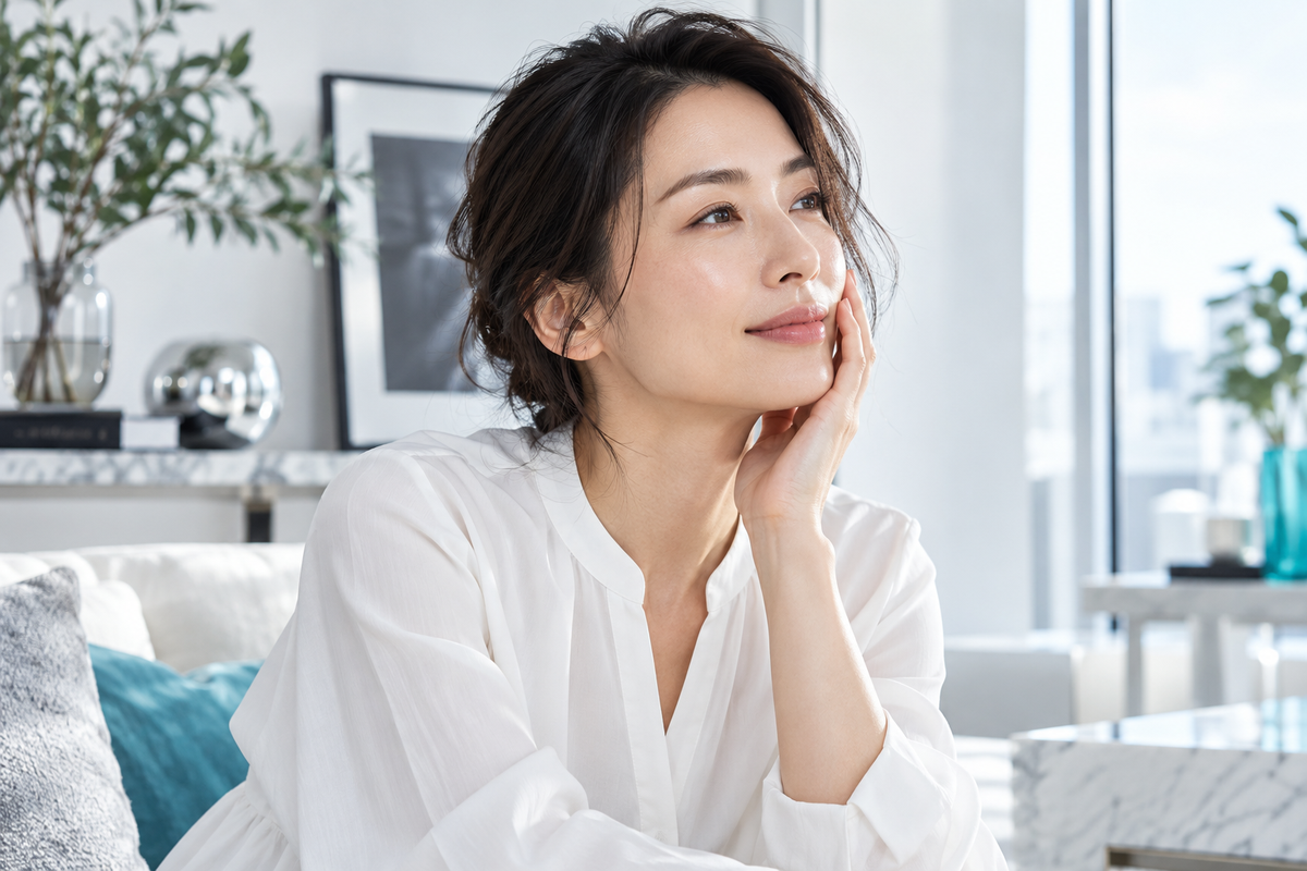 明るい室内で頬にそっと触れる女性のスキンケアイメージ