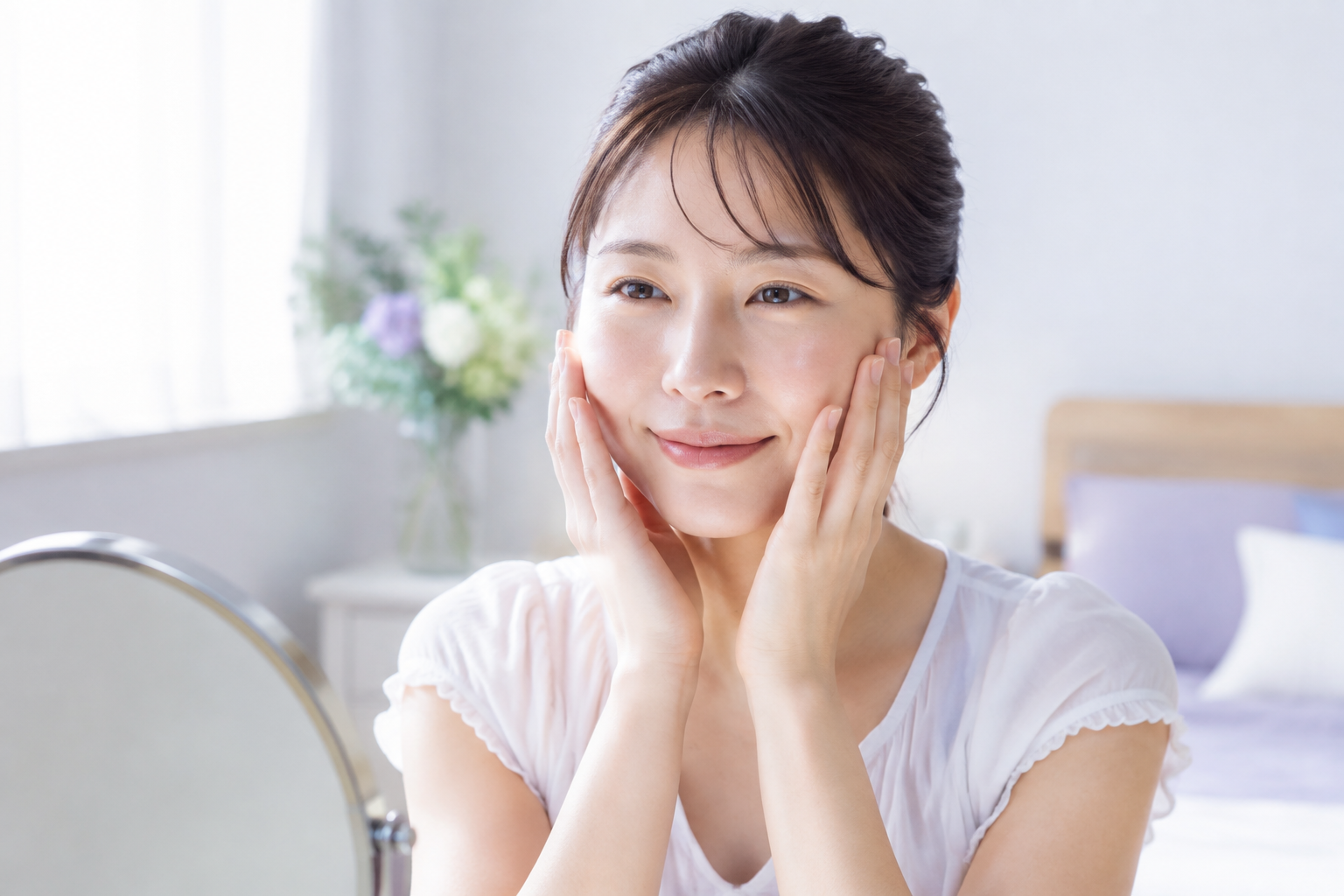 両手で頬を包み込むように保湿ケアをする女性