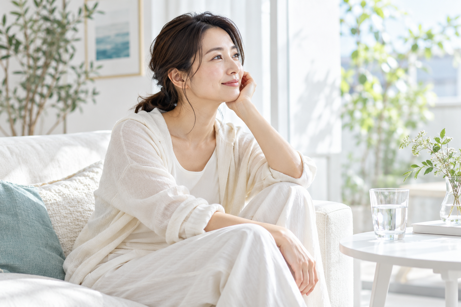 散歩のあとに明るい室内でひと休みする女性のイメージ