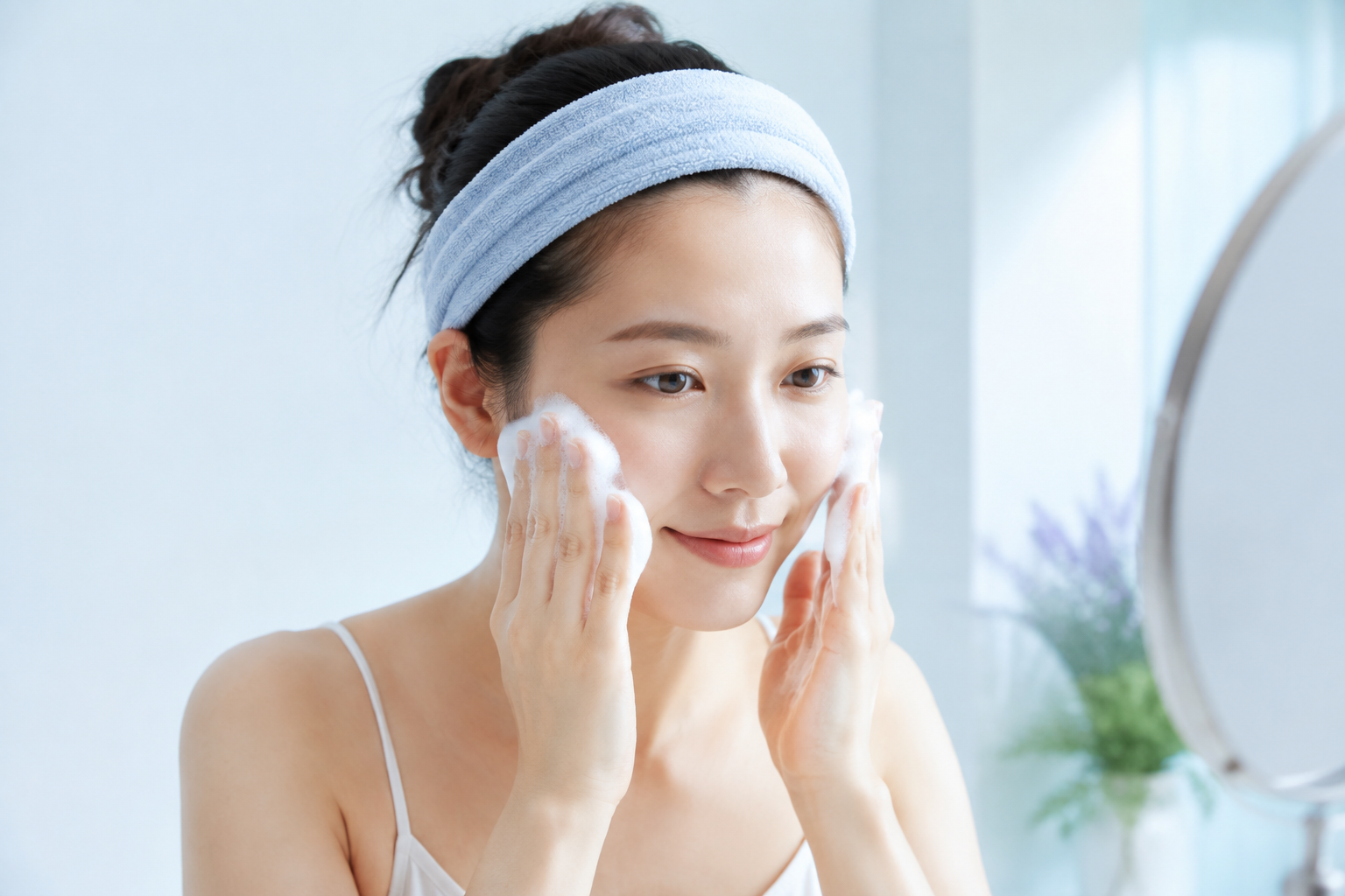 たっぷりの泡で肌をこすらずに洗顔する女性