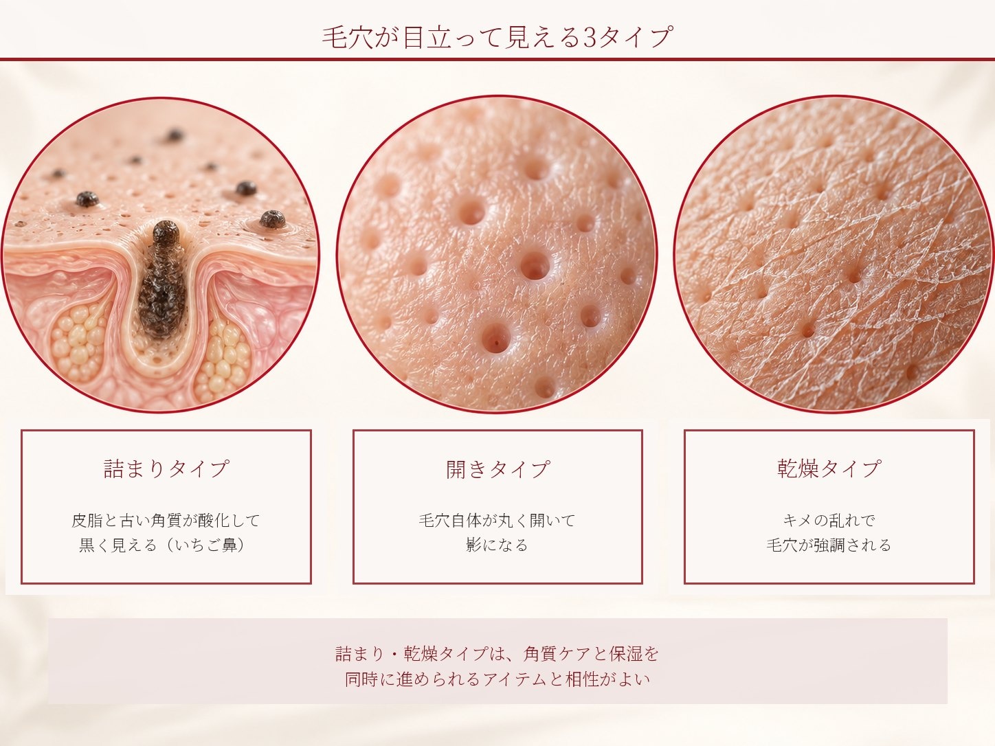 毛穴が目立つ原因を詰まり・開き・乾燥の3タイプに分けて比較した図