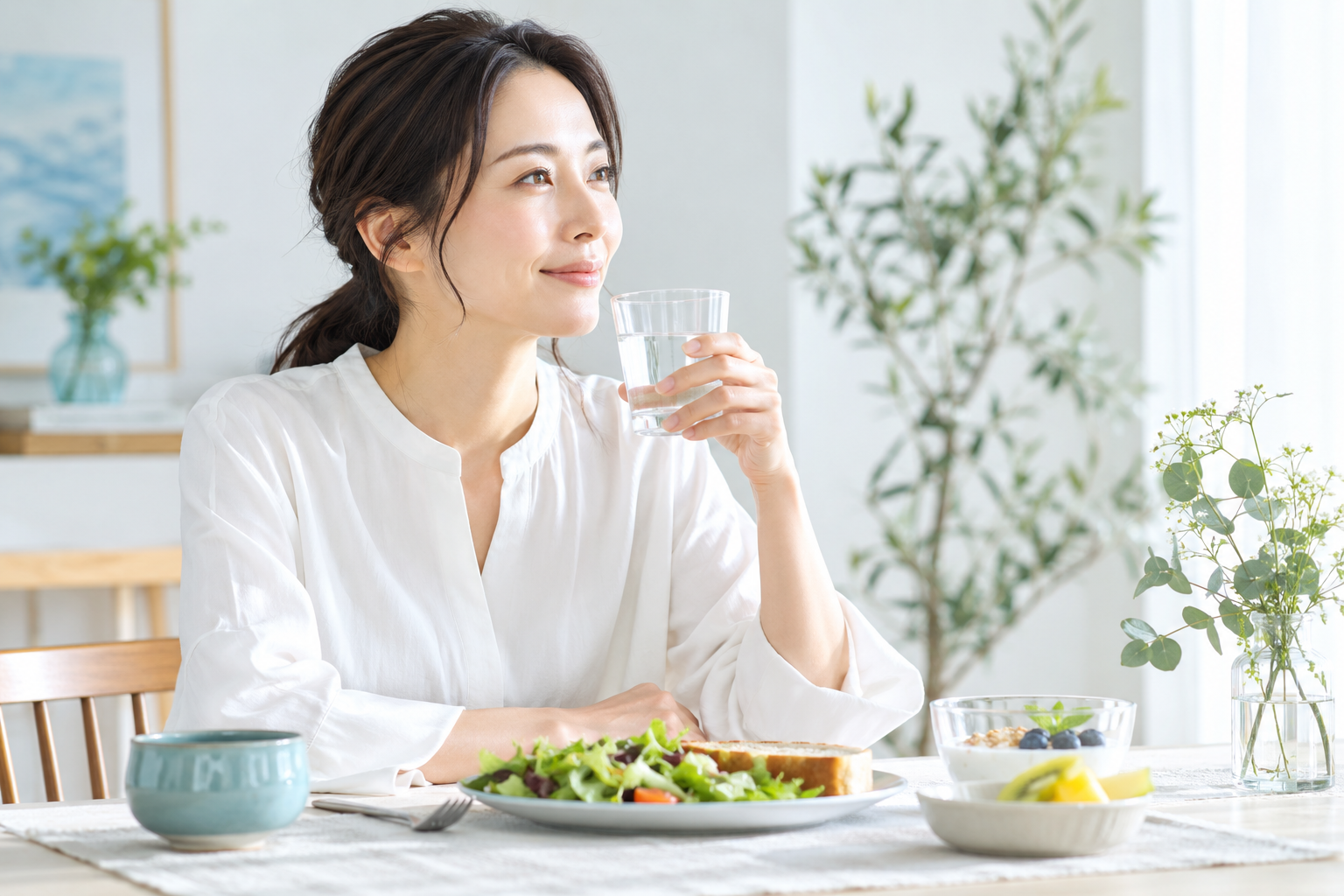 明るい室内で水を手にする女性の生活イメージ