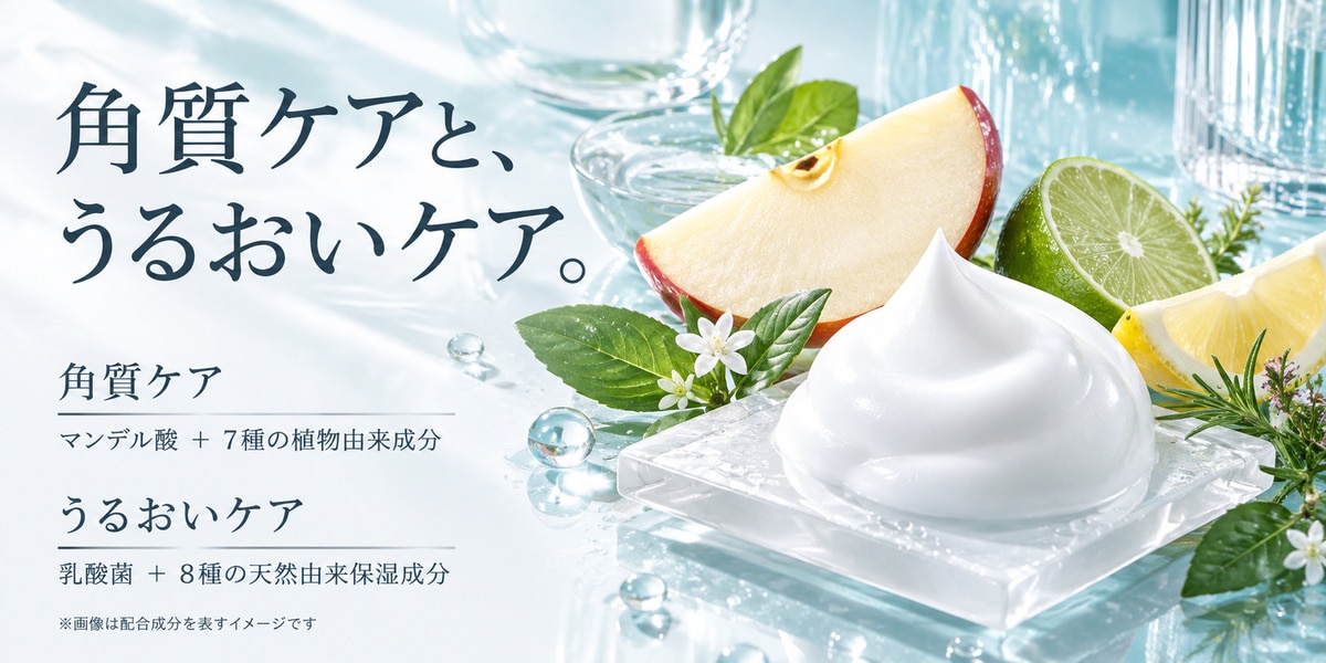 クレンジングブースターフォームの配合成分（マンデル酸と7種の植物由来成分、乳酸菌と8種の保湿成分）