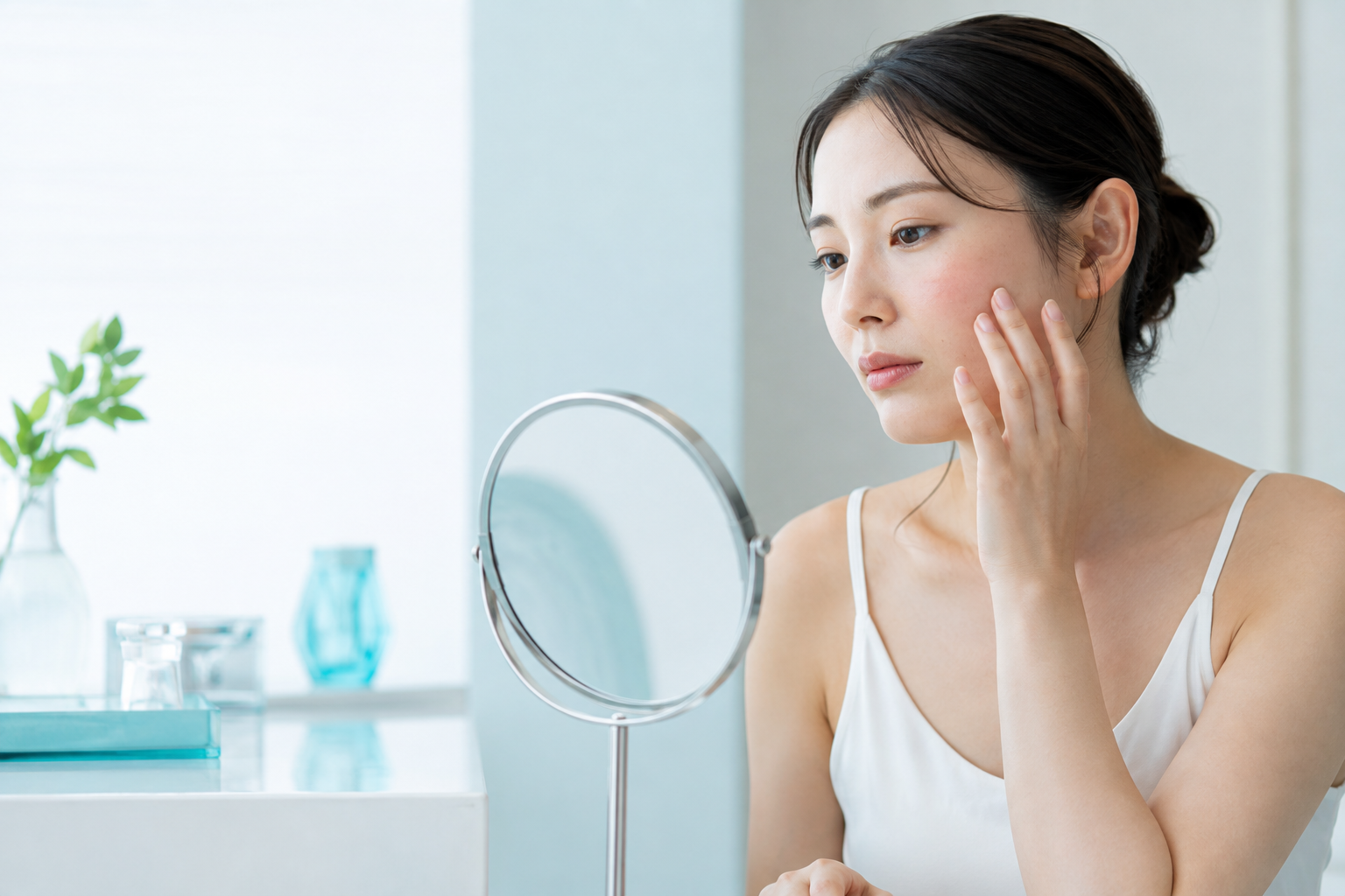 レチノール使用中の頬の乾燥や赤みを鏡で確認する女性のイメージ