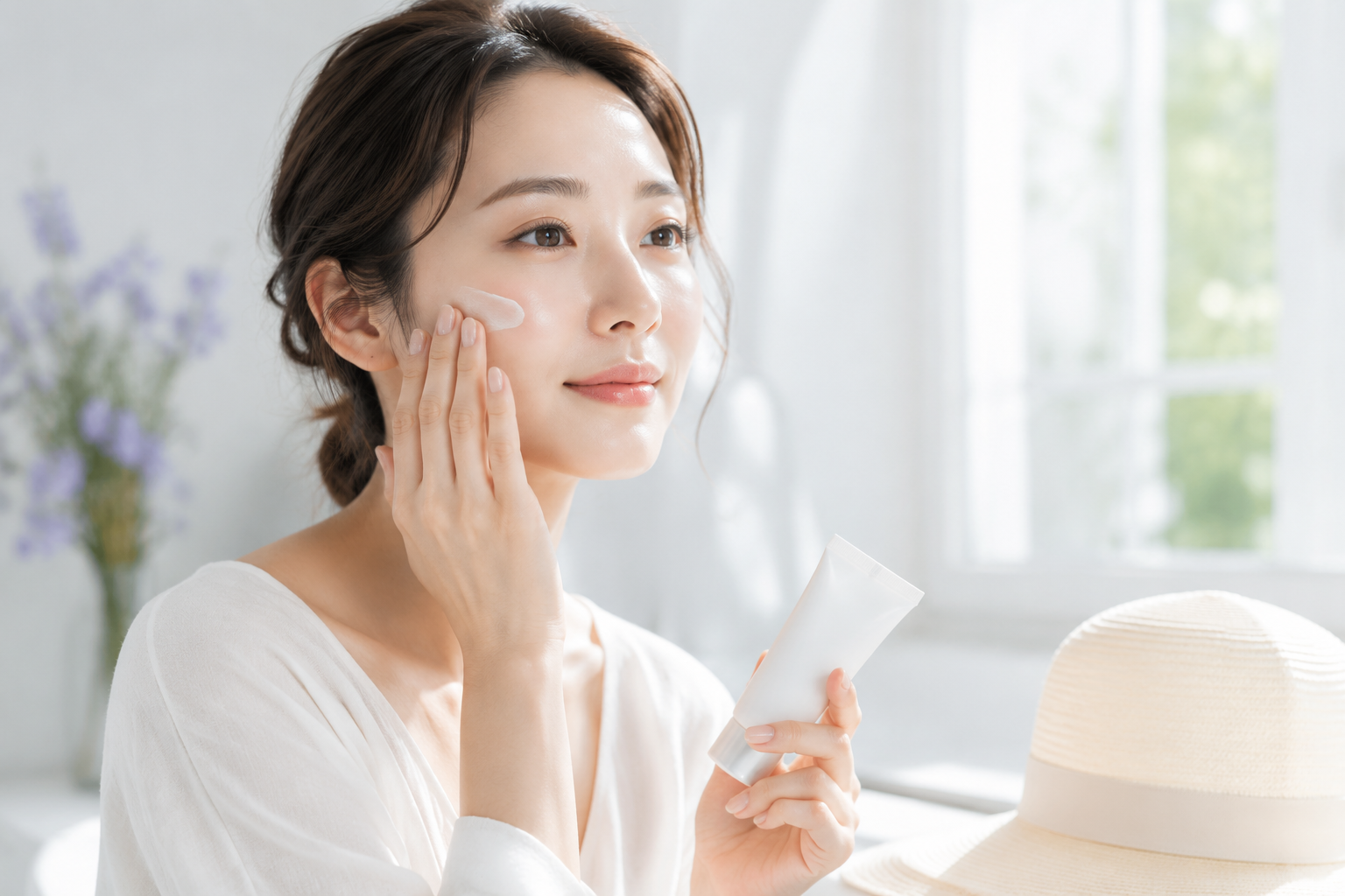 レーザー後に日焼け止めと帽子で紫外線対策をする女性