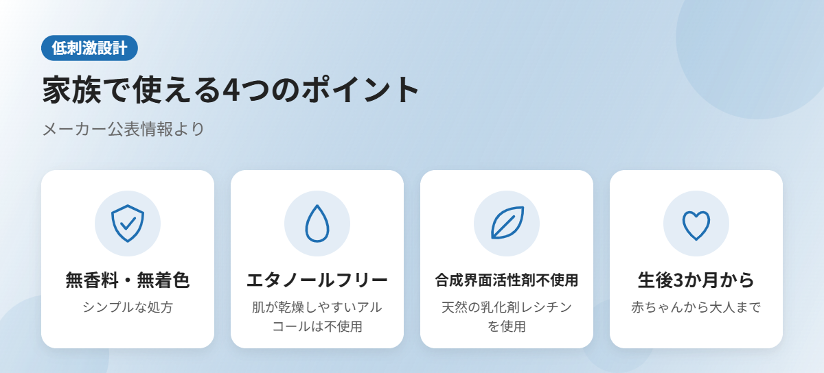 ADパーフェクトバリアの低刺激設計（無香料・無着色・エタノールフリー・合成界面活性剤不使用・生後3か月から）