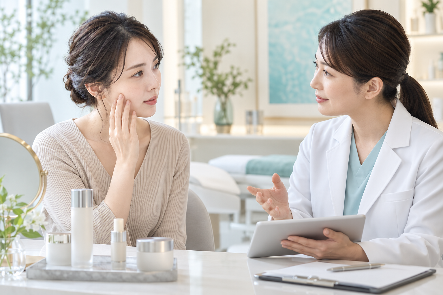 クリニックで医師にレチノールの使い方とA反応について相談する女性のイメージ