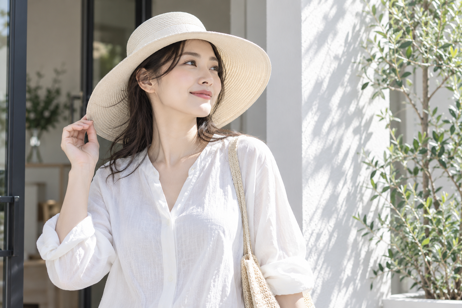 帽子を身につけて外出に備える女性の紫外線対策イメージとスキンブライセラム RDS 0.3の商品ボトル