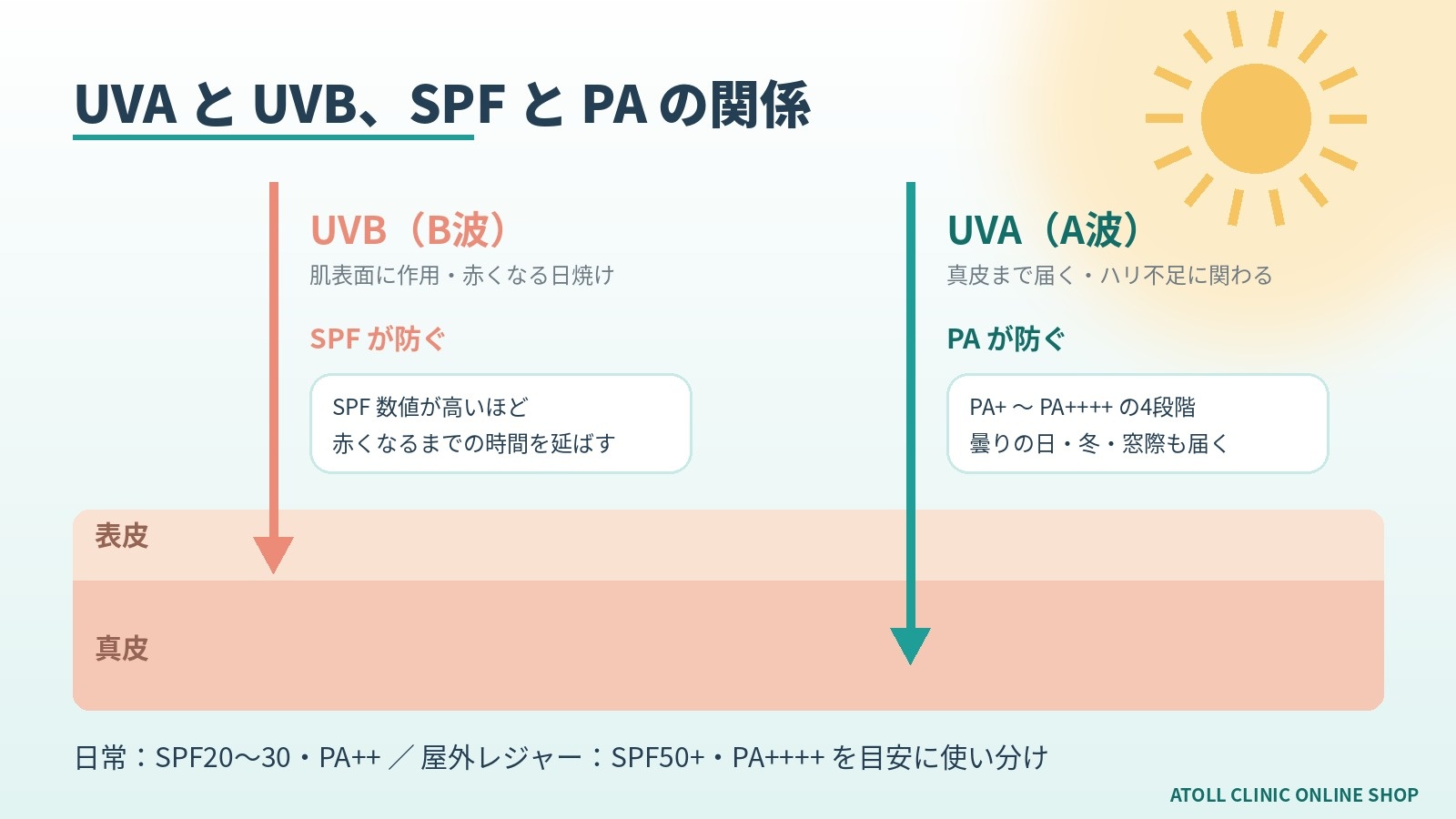 UVAとUVBの違いとSPF・PAの意味を示した図解