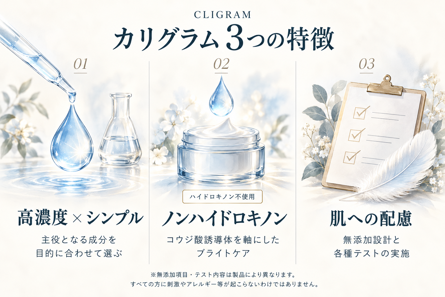 カリグラム3つの特徴（高濃度×シンプル・ノンハイドロキノン・肌への配慮）