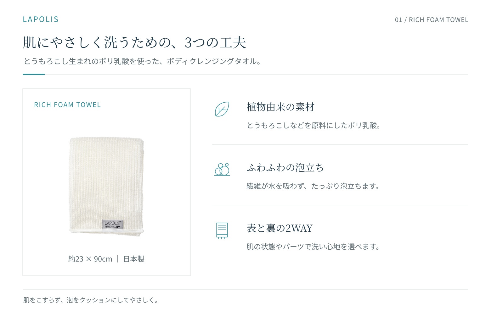 リッチフォームタオルの3つの特徴（とうもろこし生まれ・ふわふわ泡・2WAY）